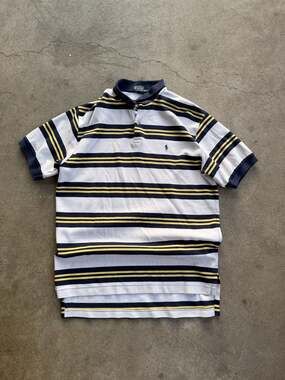 Vintage Polo Ralph Lauren Striped Navy Blue Yellow Polo Shirt Size Medium